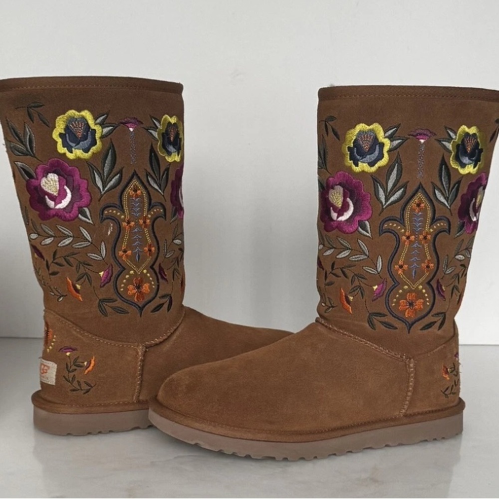 UGG Women’s Juliette Embroidered Boots – Chestnut Suede, Size 6 (USED, AS IS)